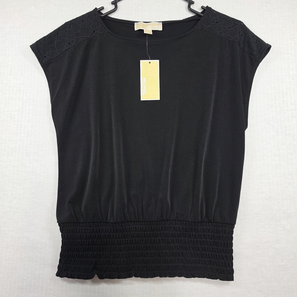 Michael Kors Black Smocked Hem Eyelet Trim Top Size S Casual Chic Business
